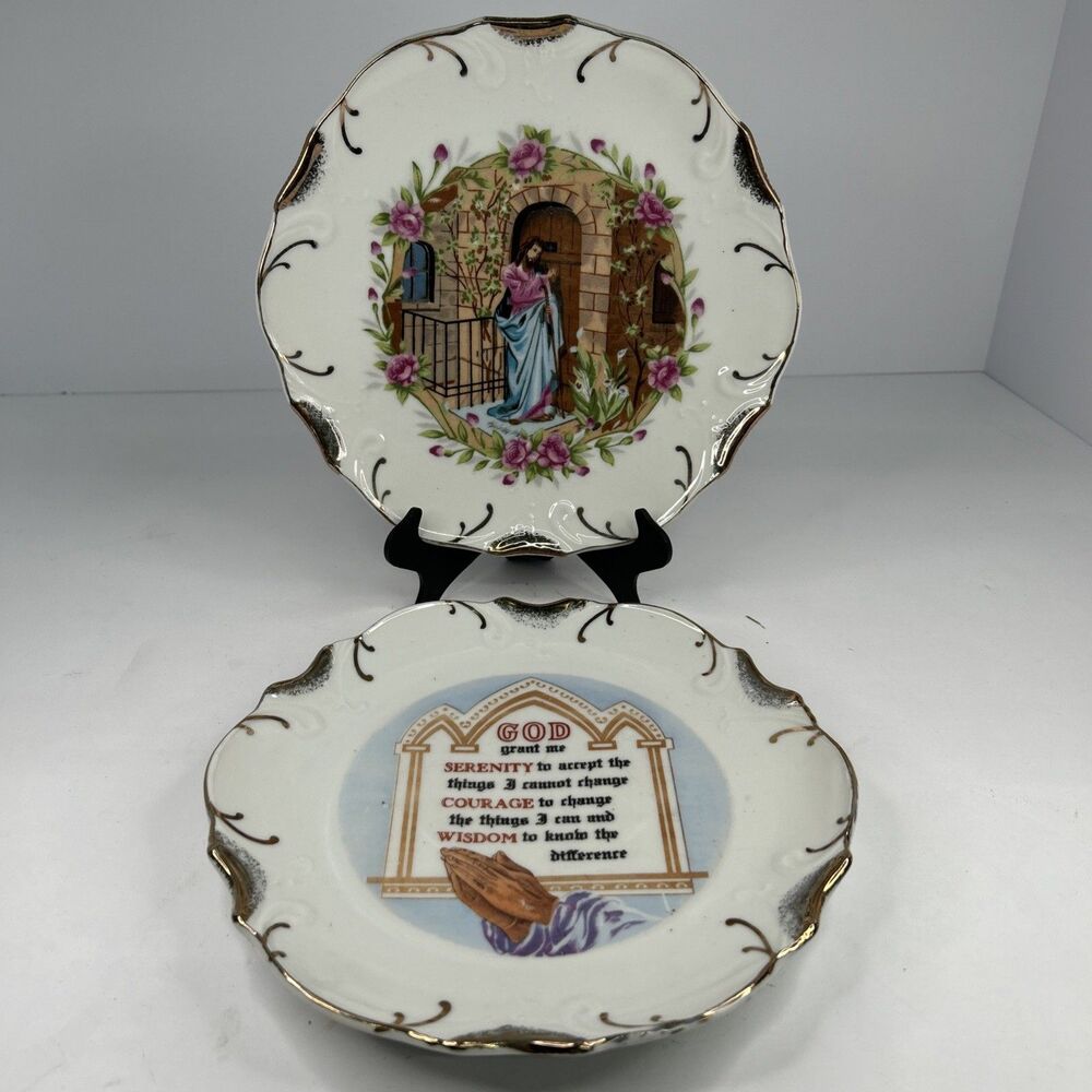 Vintage Serenity Prayer & Jesus Collector Plates Pair 18K Gold Trim Japan